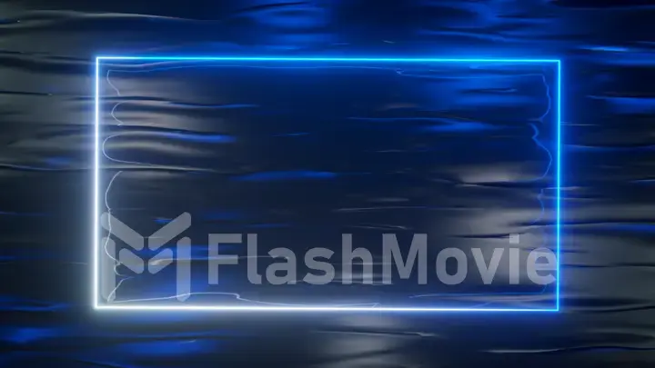 A bright neon frame shimmers with a blue neon spectrum against a water background. 3d illustration