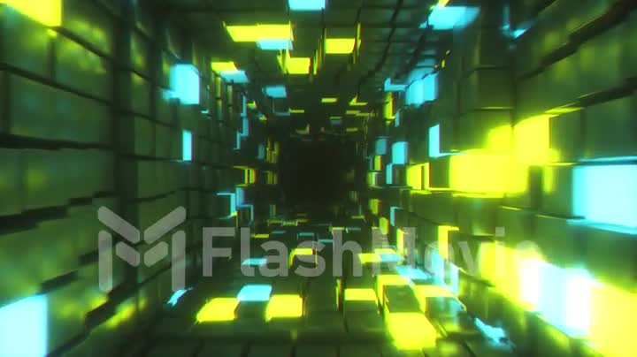 Abstract flying in futuristic corridor, seamless loop 4k background, fluorescent ultraviolet light, glowing colorful neon cubes, geometric endless tunnel, blue yellow spectrum, 3d render