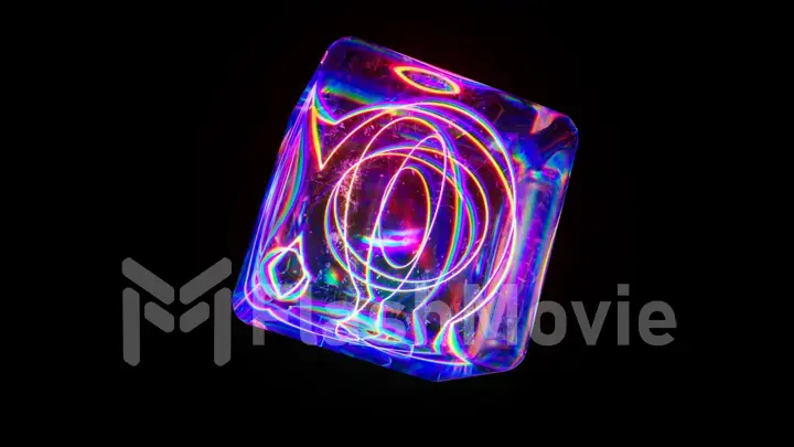 Blue transparent neon cube rotates on isolated background. Laser lines inside the cube create shapes. Kaleidoscope.