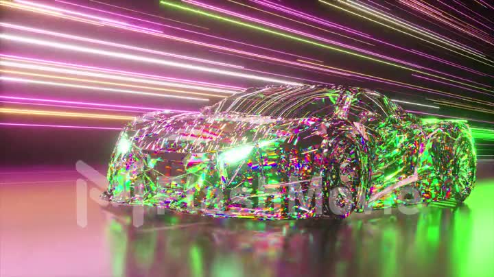 Futuristic concept. Diamond sports car on the background of glowing neon lines. Pink green color. 3d animation