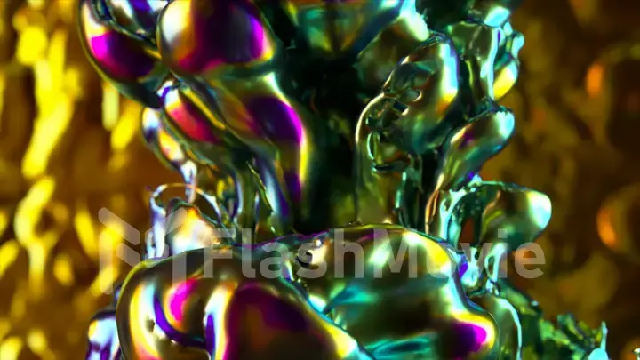 Abstract concept. Fountain of metallic iridescent substances. Vertical splashes and waves. Stormy flow of liquid metal.