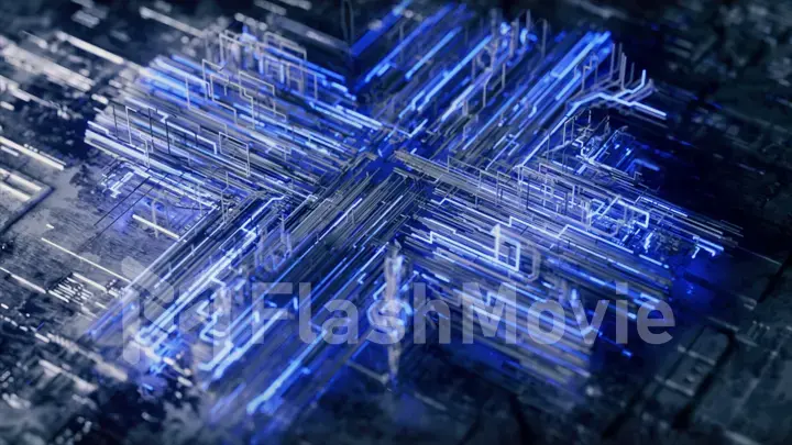 Abstract technological background from a fiber optic glowing beam spreading in the digital space. Data transmission in the futuristic industry. Colorful blue digitalization process. 3d illustration
