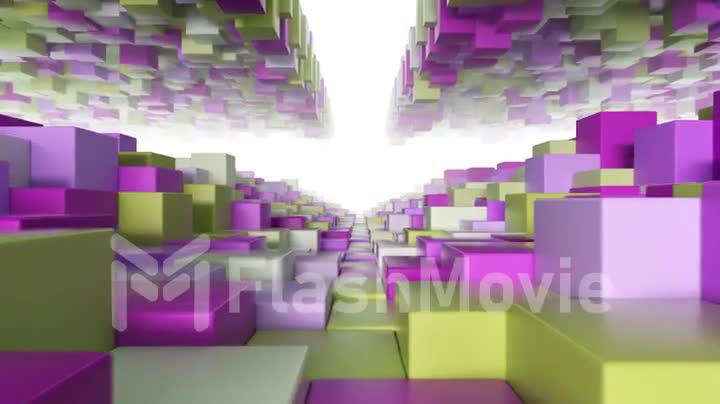 Abstract geometric tunnel made of yellow pink cubes with random movement. Seamless loop 3d render