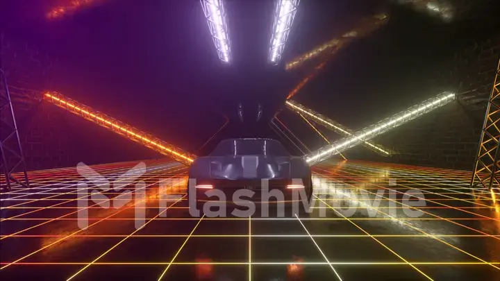 3d cyberpunk retro style. Synthwave. The car is driving in the neon tunnel. 3d illustration