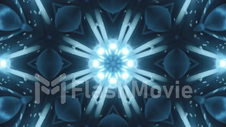 VJ Fractal blue kaleidoscopic background.Background blue motion with fractal design on black background. Disco spectrum lights concert spot bulb. Light Tunnel. 3d illustration