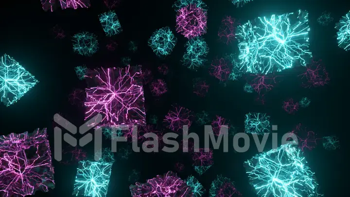 Flying in space with rotating neon cubes. 3d illustration