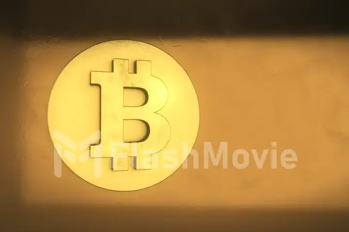 Single bitcoin coin or icon standing in sharp focus on a reflective surface with gold colored background to bitcoin exchange, mining or blockchain technology for cryptocurrency 3d illustration
