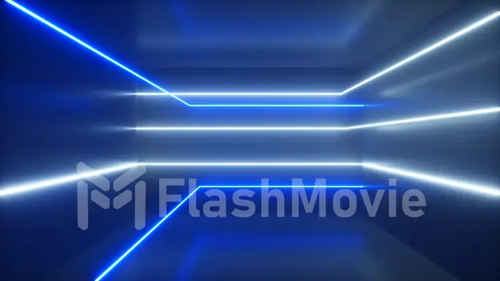Abstract background, moving neon rays, luminous lines inside the room, fluorescent ultraviolet light, blue white spectrum, 3d illustration