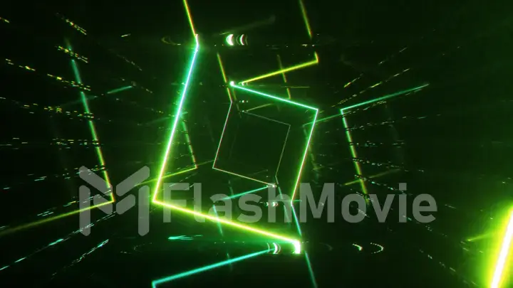 Abstract flying in futuristic corridor background, fluorescent ultraviolet light, mirror lines laser neon lines, geometric endless tunnel, 3d illustration
