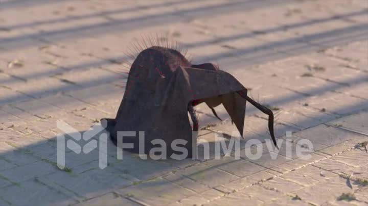 A scary hairy spider in dark robe stalks the gray tiles. Red neon glowing dots. Disguise. 3d animation of seamless loop