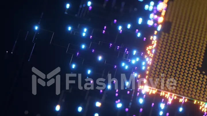 CPU processor sends data. Neon particles. The concept of data transfer and connections. Blue neon color. 3d illustration