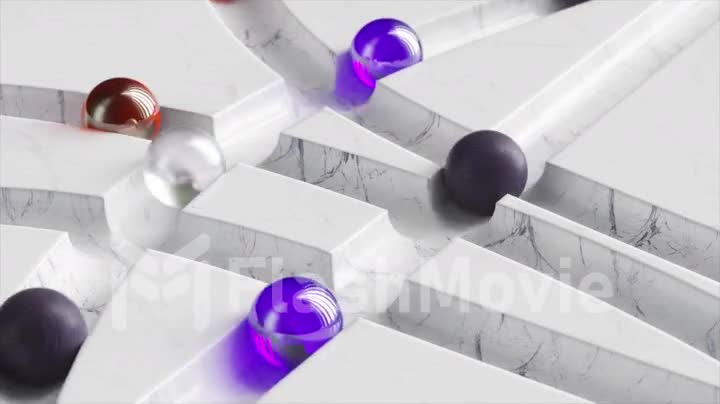 Colored balls roll around the white marble labyrinth. White, blue, red, black sphere. 3d animation of seamless loop