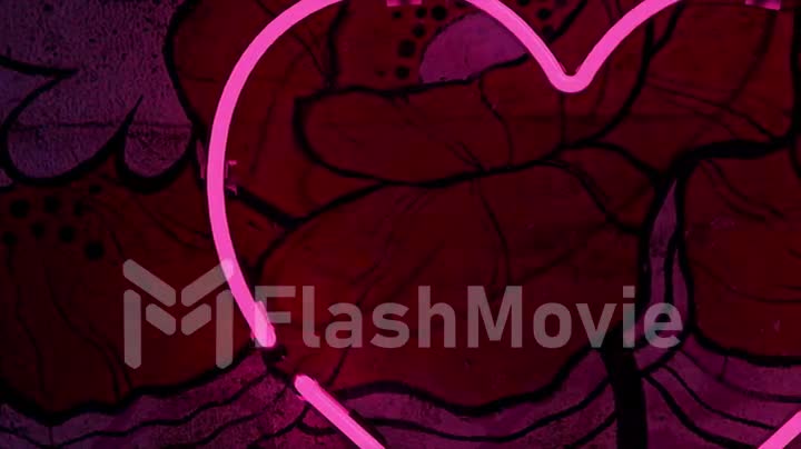 Pink neon heart blinking. Valentine's Day. Flower pattern in the background. Love. Romance. 3d animation