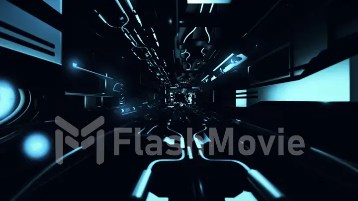 Fly inside of futuristic metallic corridor 3d rendering