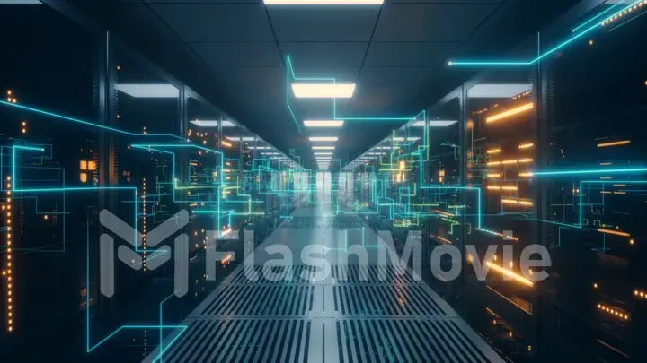 Digital information travels through fiber optic cables through the network and data servers behind glass panels in the server room of the data center. High speed digital lines 3d illustration