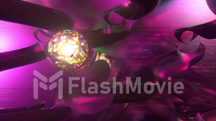 Shiny diamond sphere rolls down a futuristic vertical maze. Pink color. 3d animation