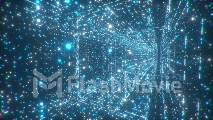 Digital technology tunnel. 3D illustration Big Data Digital square corridor with futuristic matrix. Binary code particle network. Motion and communication technology background. Flashing particles.