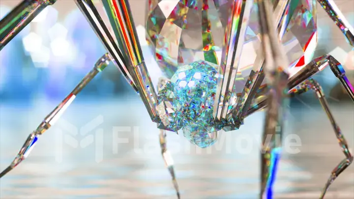 Diamond spider close-up. Blue neon head. Walking spider. Diamond spider legs. Abstract glowing background.