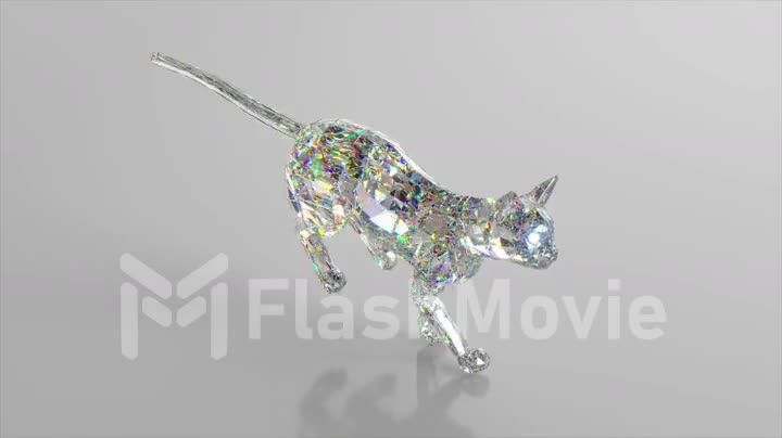 Running diamond cat. The concept of nature and animals. Low poly. White color. 3d animation of seamless loop