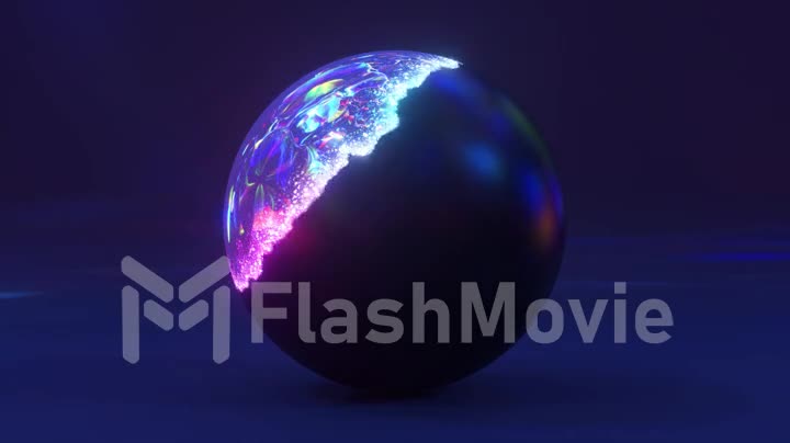 The shiny sphere changes its shell. Under the blue shell, a crystal rainbow ball appears. Blue neon color. Particles.