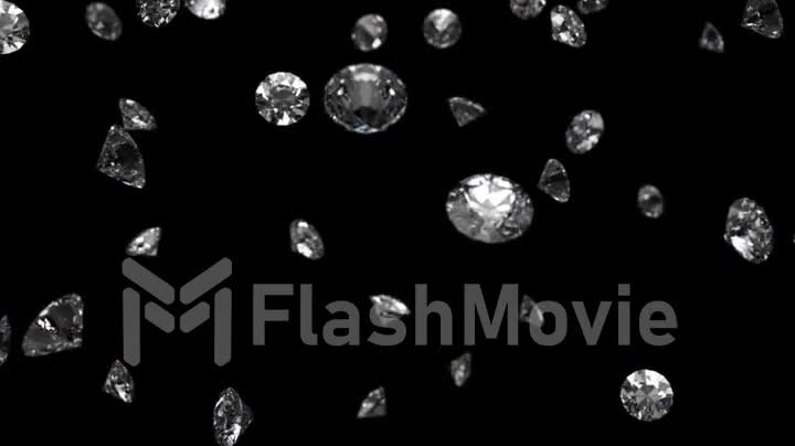 Falling shining diamonds 3d render on black isolated background with luma matte, seamless loop 4k cg animation