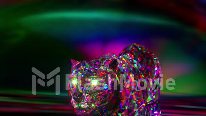 Snarling diamond tiger. Nature and animals concept. Lowpoly. Pink neon color. Symbol of 2022. 3d animation