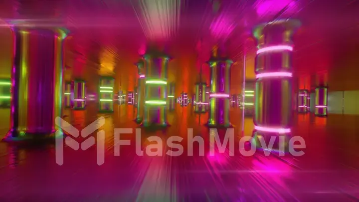 Fly through a futuristic corridor along neon glass pillars and columns. Modern ultraviolet neon glow. 3d illustration