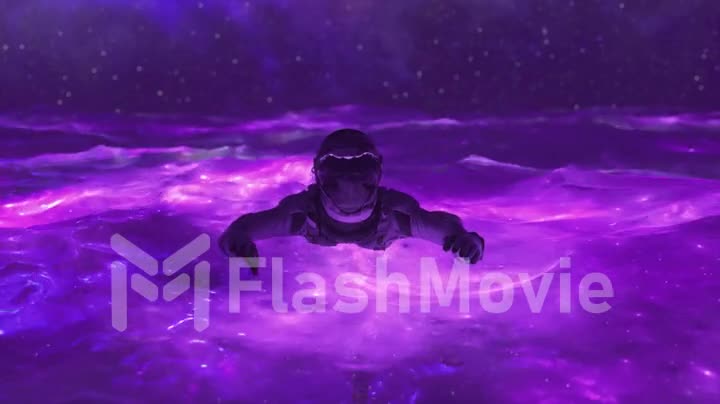 Diamond astronaut in ocean against the background of the starry sky. Neon color. Waves. Australis. 3d animation