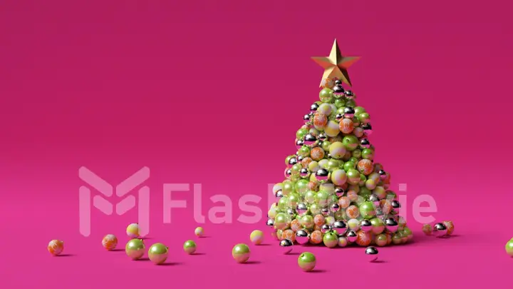 A tree of Christmas balls is growing dynamically on a bright colorful pink background. 3d illustration