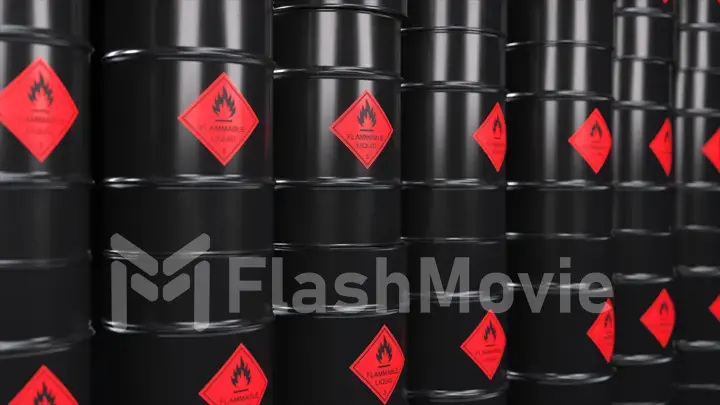 Rows of black metal barrels with oil. Warehouse of toxic materials. Life threatening. Life threatening. 3d illustration