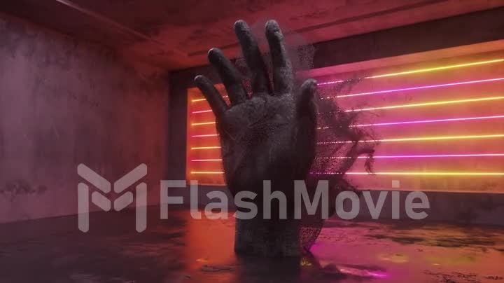 A stone human hand emitting millions of particle streams in a future sci-fi room with modern neon lighting. Abstract 3d animation