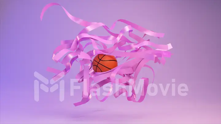 Sports concept. The basketball will go through the floating pink ribbons. Purple pink color. Abstract background.