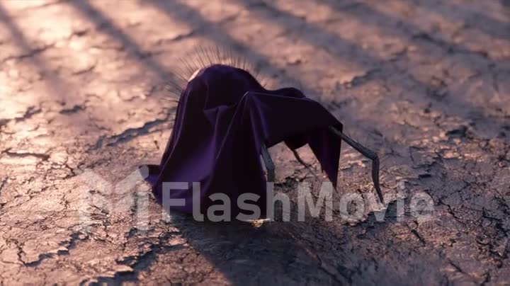 The concept of disguise. A black karakurt in clothes walks on dry ground. Black violet mantle. Insect. 3d animation