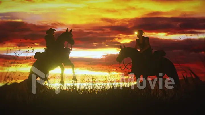 Two cowboys on horseback in a stunning sunset in the wild west. The horses rears up. 3d illustration character cartoon animation