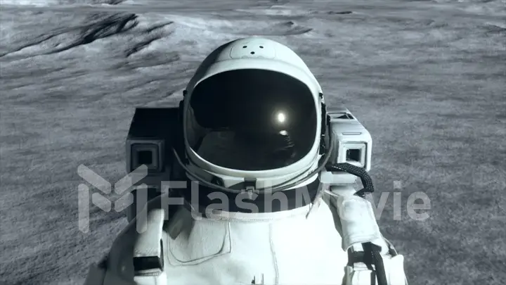 An astronaut stands on the surface of the moon among craters against the backdrop of the planet earth. Outer space. Ultra realistic 3d illustration