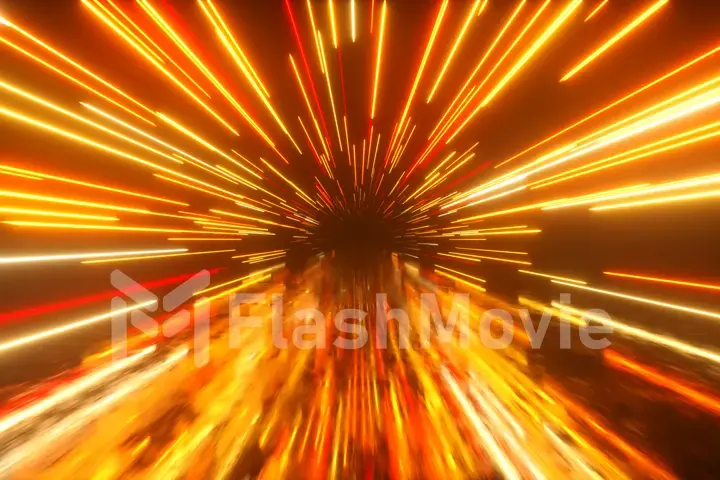 Flying in space with luminous neon lines. Hyperspace. Modern spectrum of light. Fire orange color. 3d illustration