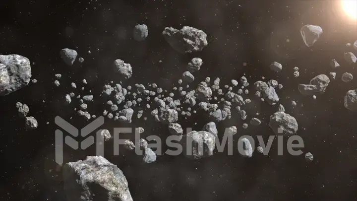 Closeup on meteor lumps in space. Dark background. Suitable for any fantasy, astronomy or space realted purposes. 3d illustration