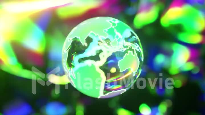 Rotating crystal ball shaped planet Earth on an abstract background. Green neon light. 3d animation of seamless loop