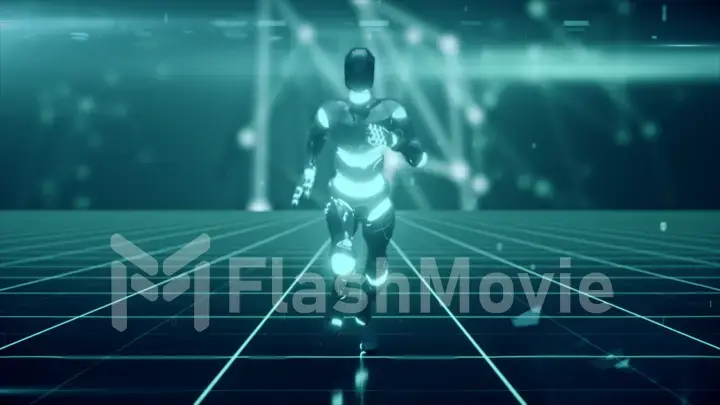 A futuristic humanoid robot, running through a sci-fi grid surface. 3d illustration