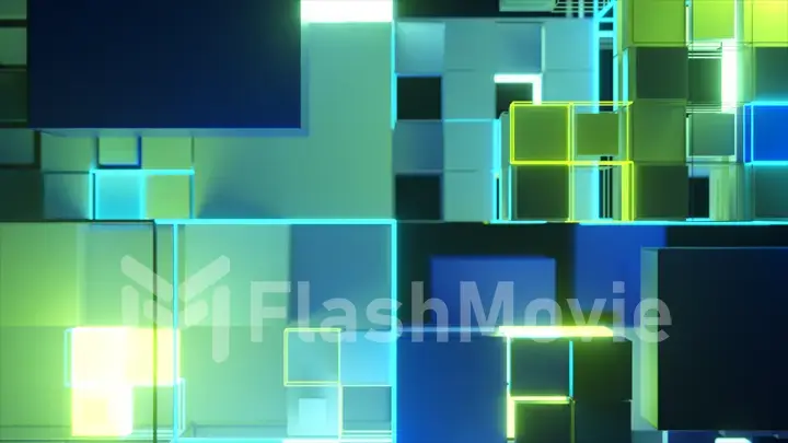 Abstract background with motion cubes. An array of different sized squares in a grid. 3d illustration