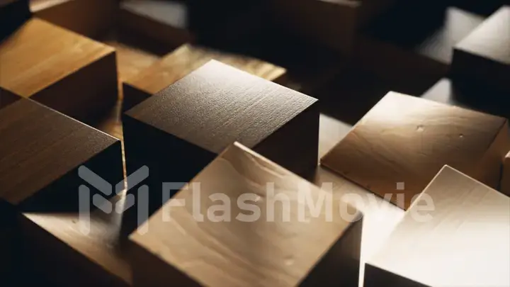 Wooden square figures have different heights and beveled edges. Shadow. Close-up. Geometric objects. Lighting