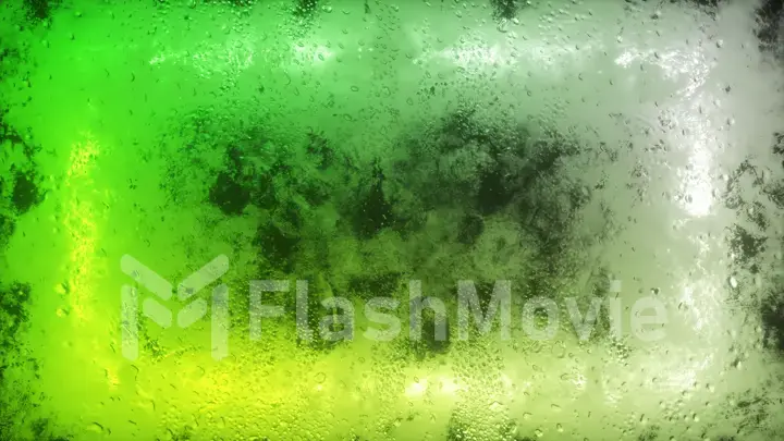 A bright neon rectangle flashes through a foggy window. Drop of water on the window. 3d illustration