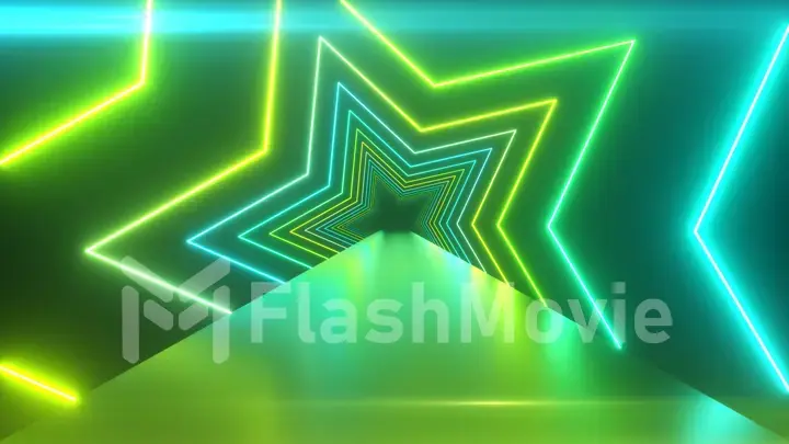 Abstract digital background with rotating neon stars. Modern green light spectrum. 3d illustration