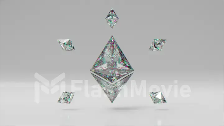 A large diamond Ethereum surrounded by small Ethereums. Logo. Cryptocurrency. 3d Illustration