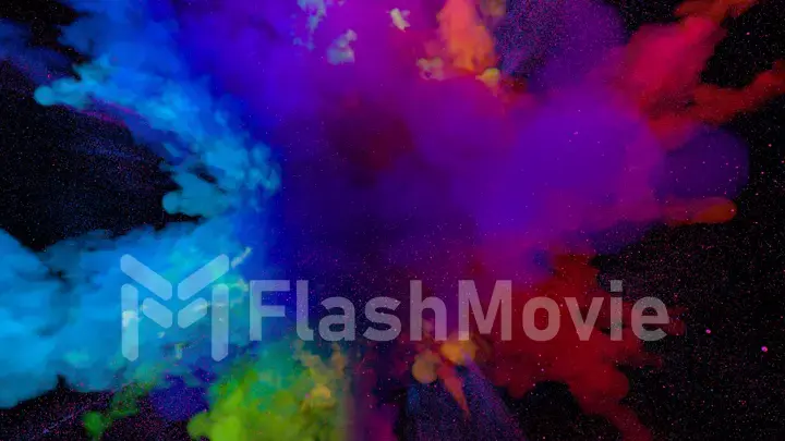 Explosion of colorful multicolored smoke and powder in slow motion against black background 3d illustration