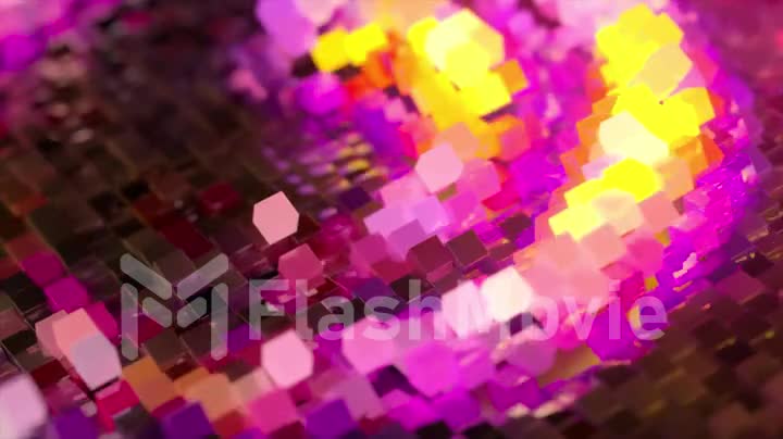 Abstract wave surface consisting of blocks moves in chaotic order. Pink yellow color. 3d animation of seamless loop