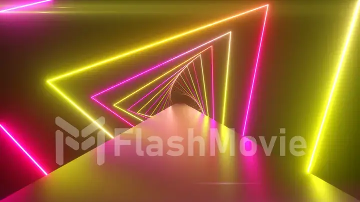 Flying through glowing rotating neon triangles creating a tunnel, blue red pink violet spectrum, fluorescent ultraviolet light, modern colorful lighting, 3d illustration