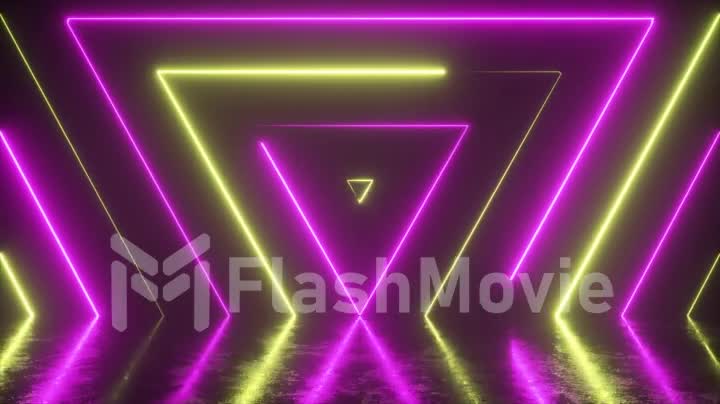 Abstract background from seamlessly appearing neon colorful cube. Reflection in a scratched metal floor. Fluorescent modern light. Seamless loop 3d render.
