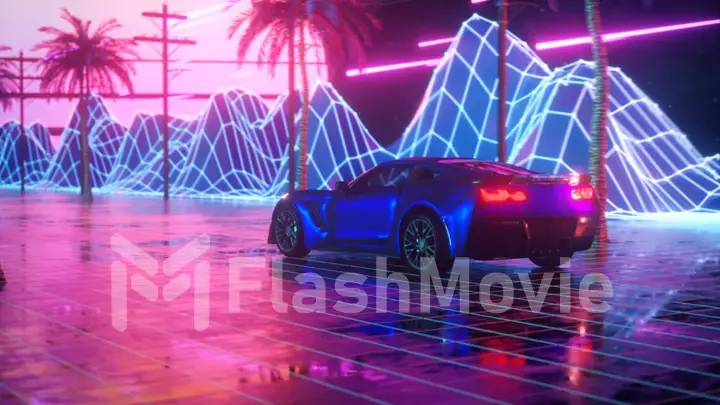 80s retro background 3d illustration. Futuristic car drive through neon abstract space.