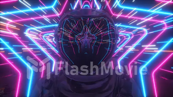 An endless neon tunnel of stars moves along the astronaut. Bright space concept. Reflections in the helmet. 3d illustration